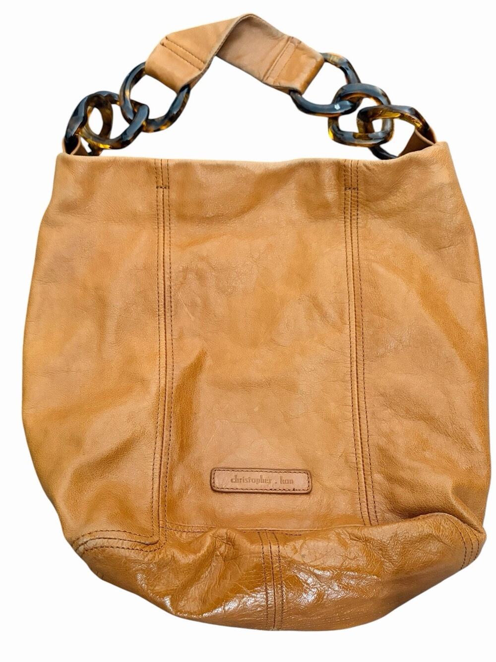 Christopher Kon Leather Hobo Bag Tortoise Link Chain Strap Brown Orange Color